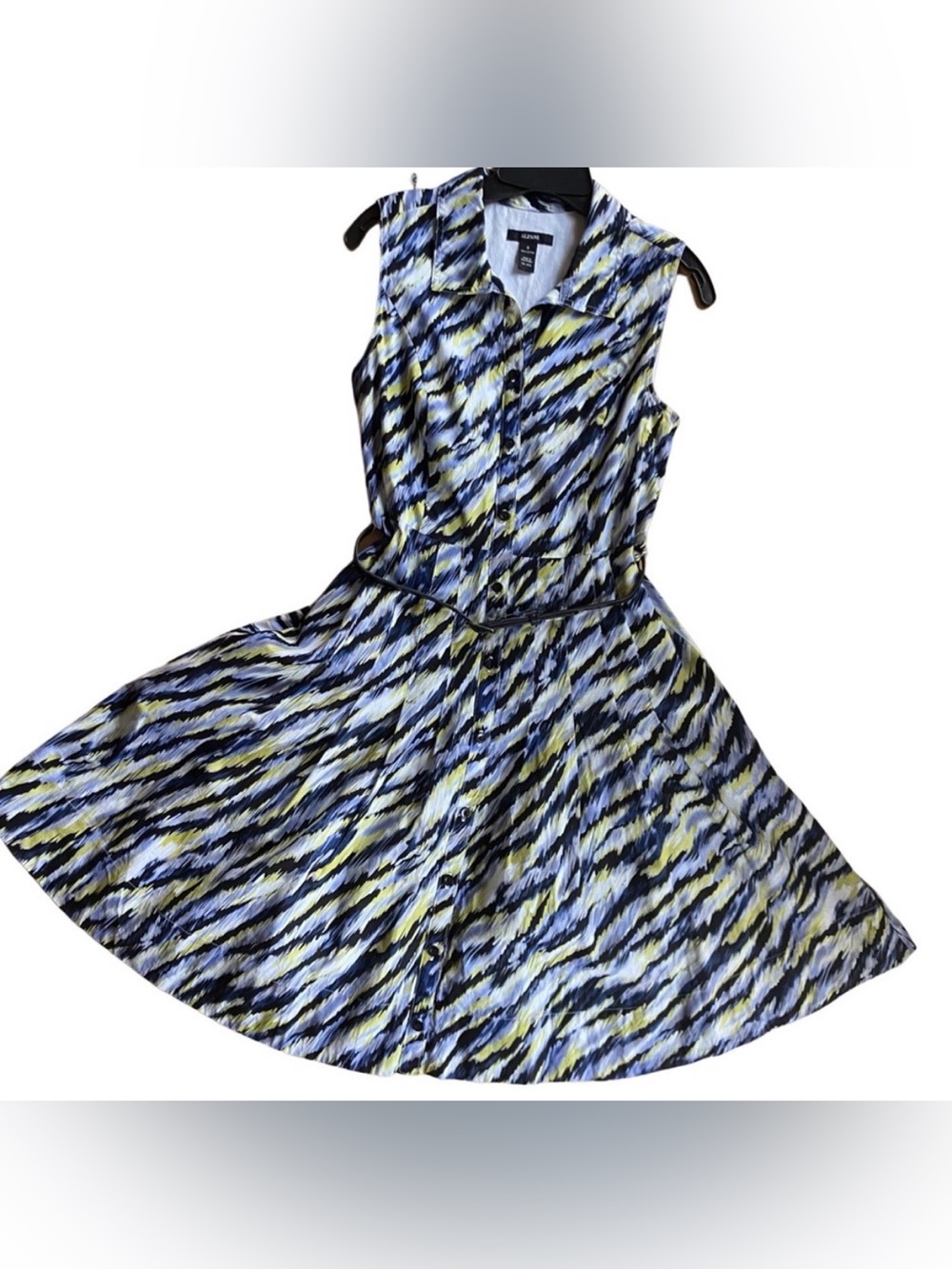Vintage Alfani Drop Pleat Sleeveless Shirt Dress Size 6 Indigo Green Black